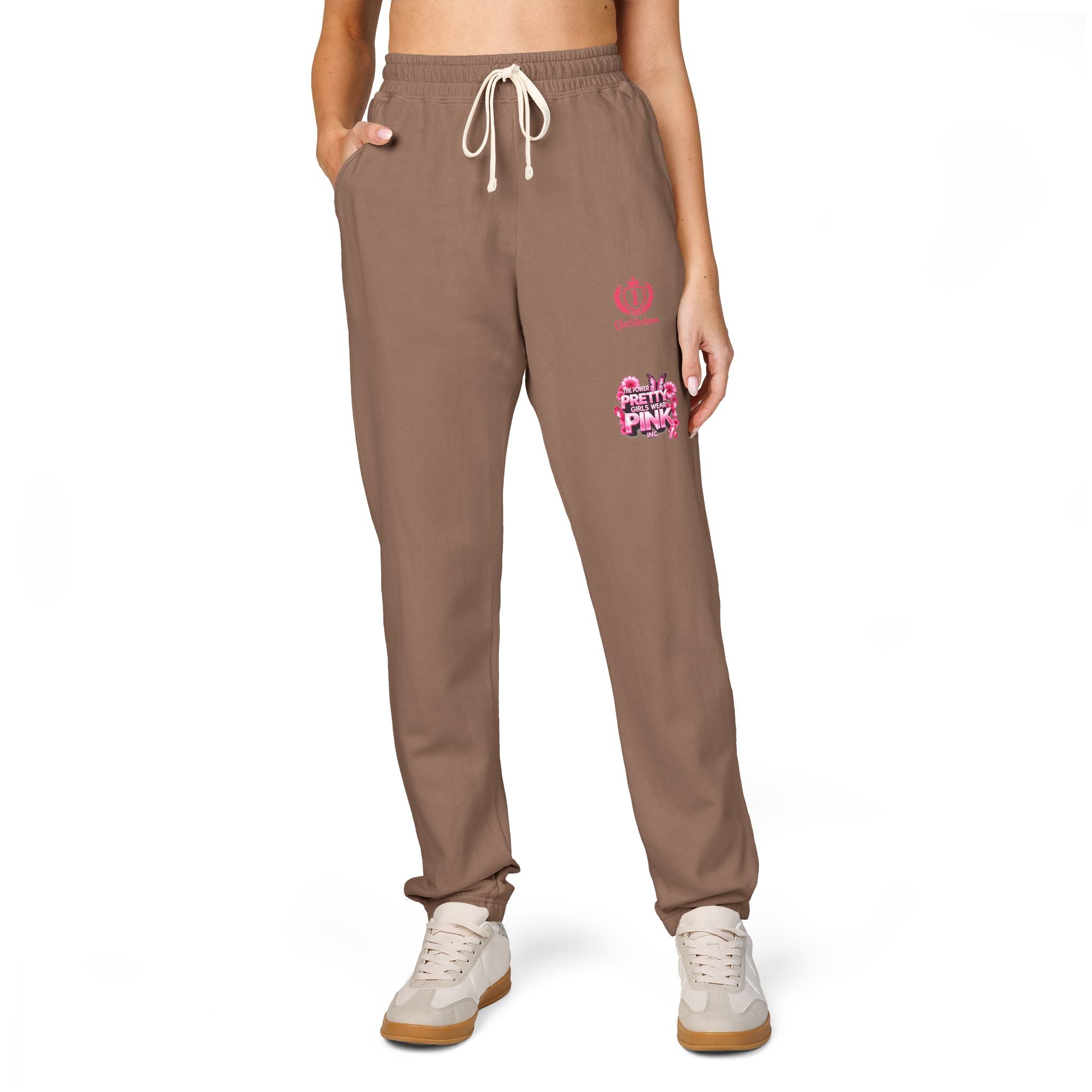 Embroidered Pink Floral Logo Sweatpants — Garment-Dyed Fleece Joggers