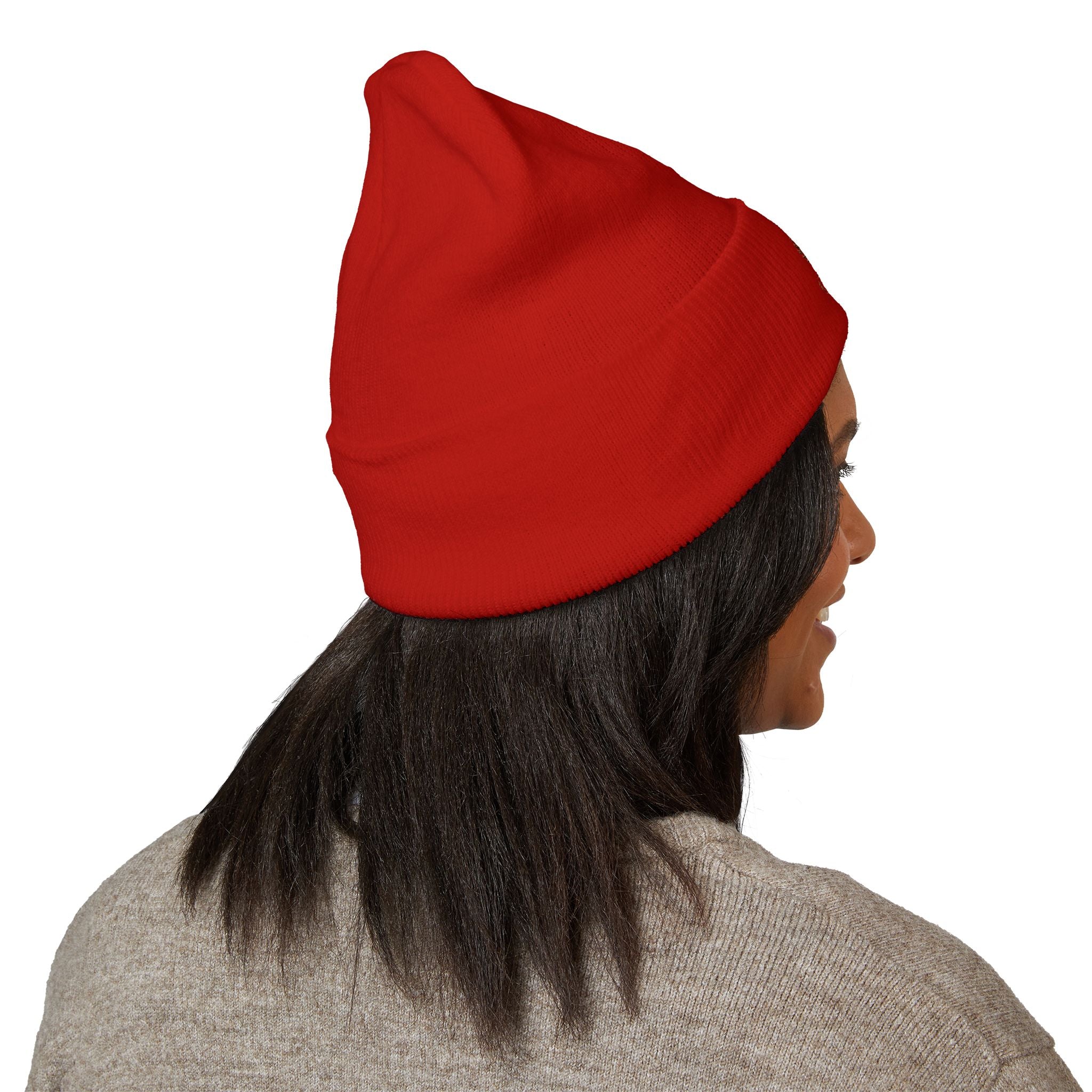 Embroidered Crest Cuffed Beanie — Classic White Knit Hat