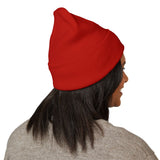 Embroidered Crest Cuffed Beanie — Classic White Knit Hat