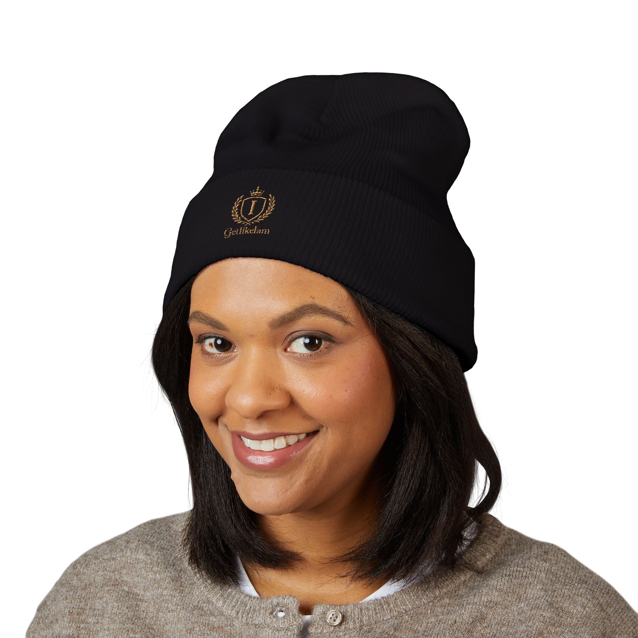 Embroidered Crest Cuffed Beanie — Classic White Knit Hat