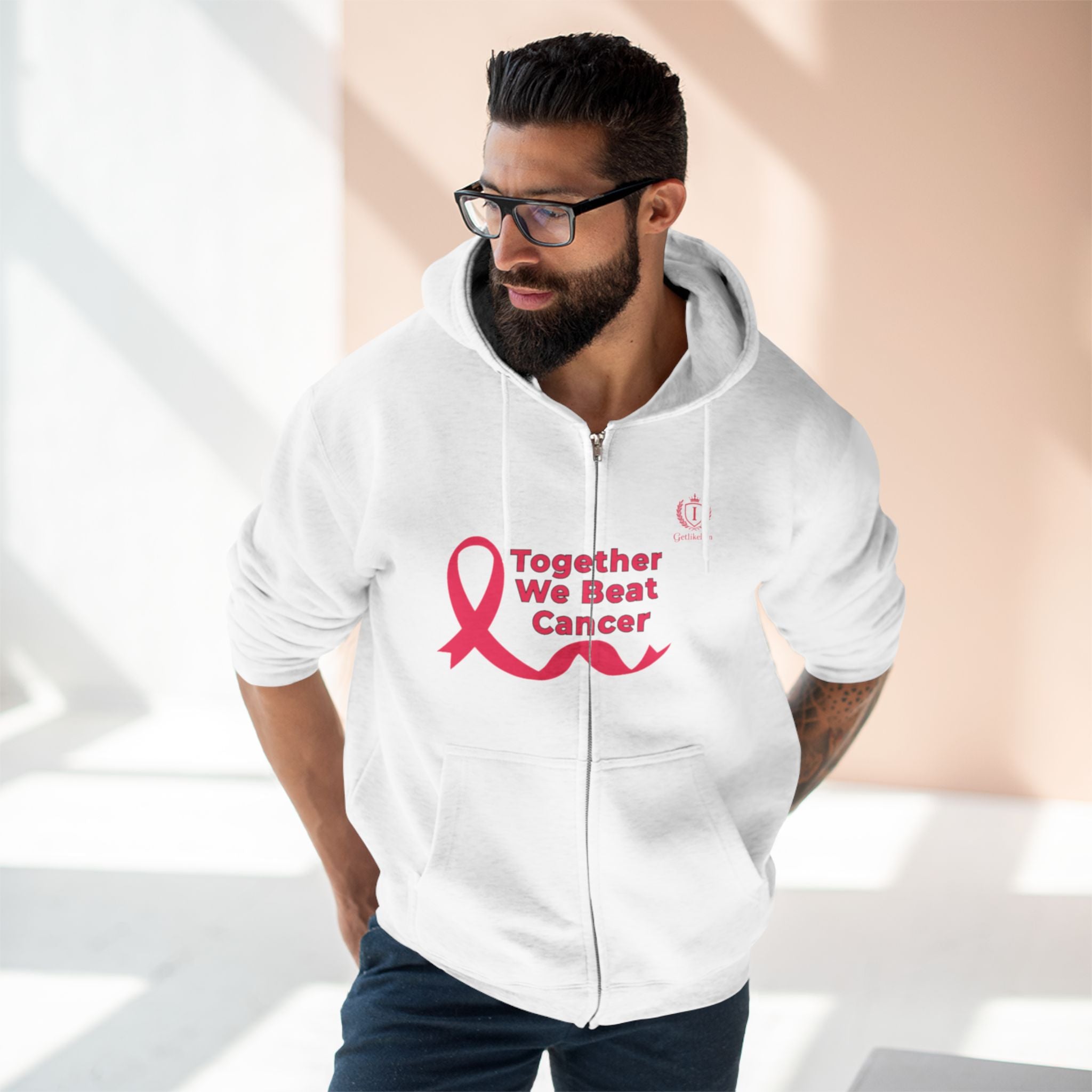 Breast Cancer Awareness Zip Hoodie — "Together We Beat Cancer" Pink Ribbon