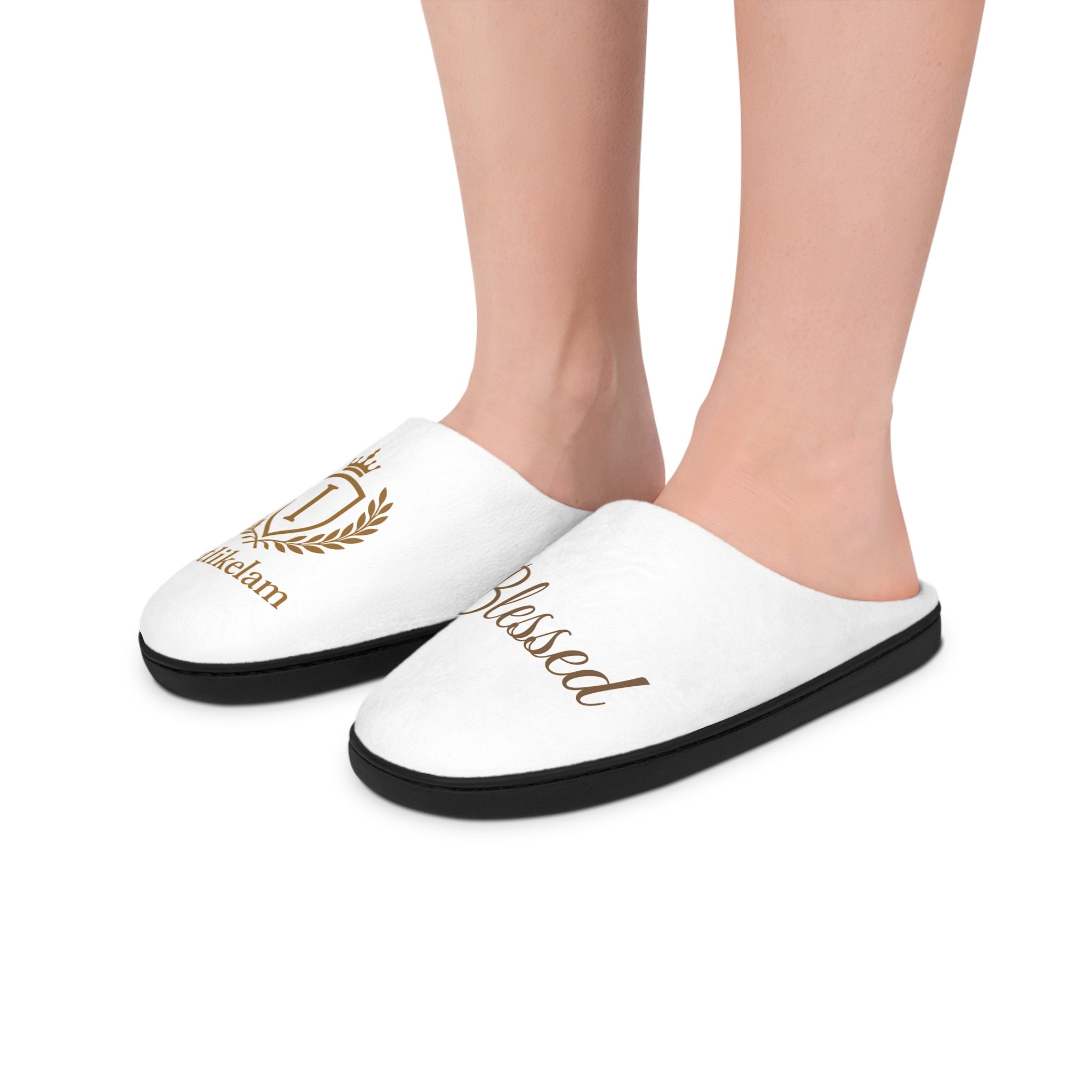 Men's Indoor Slippers — Soft White Home Slides with 'Blessed' Script