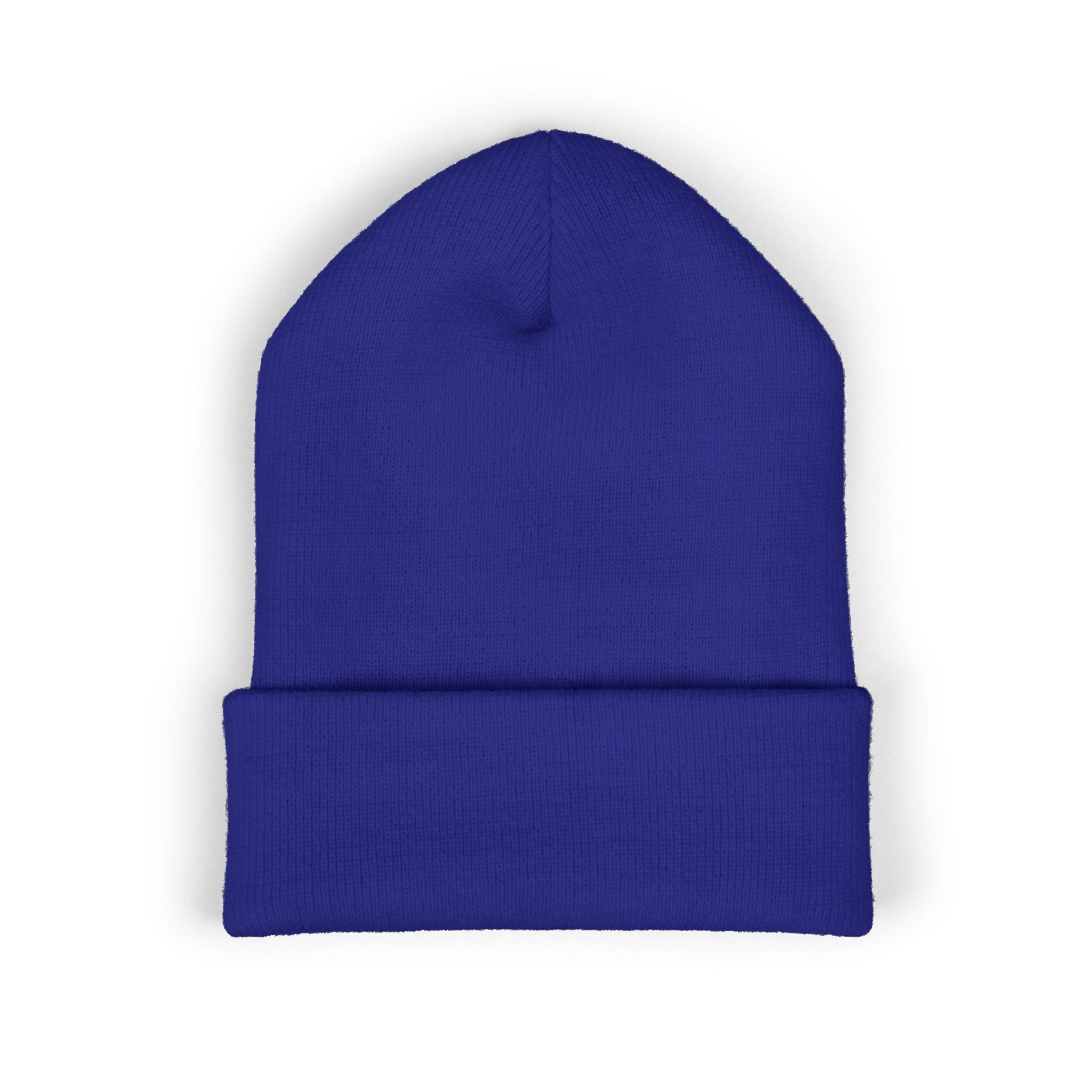 Embroidered Crest Cuffed Beanie — Classic White Knit Hat