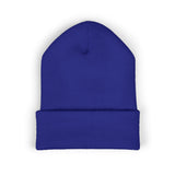 Embroidered Crest Cuffed Beanie — Classic White Knit Hat