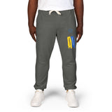 Emblem Brushstroke Sweatpants — Cozy Fleece Joggers with Yellow & Blue Accent