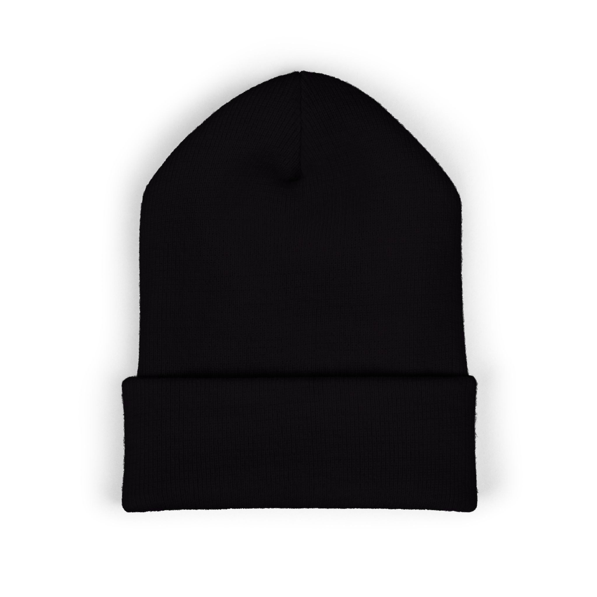 Embroidered Crest Cuffed Beanie — Classic White Knit Hat