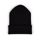 Embroidered Crest Cuffed Beanie — Classic White Knit Hat