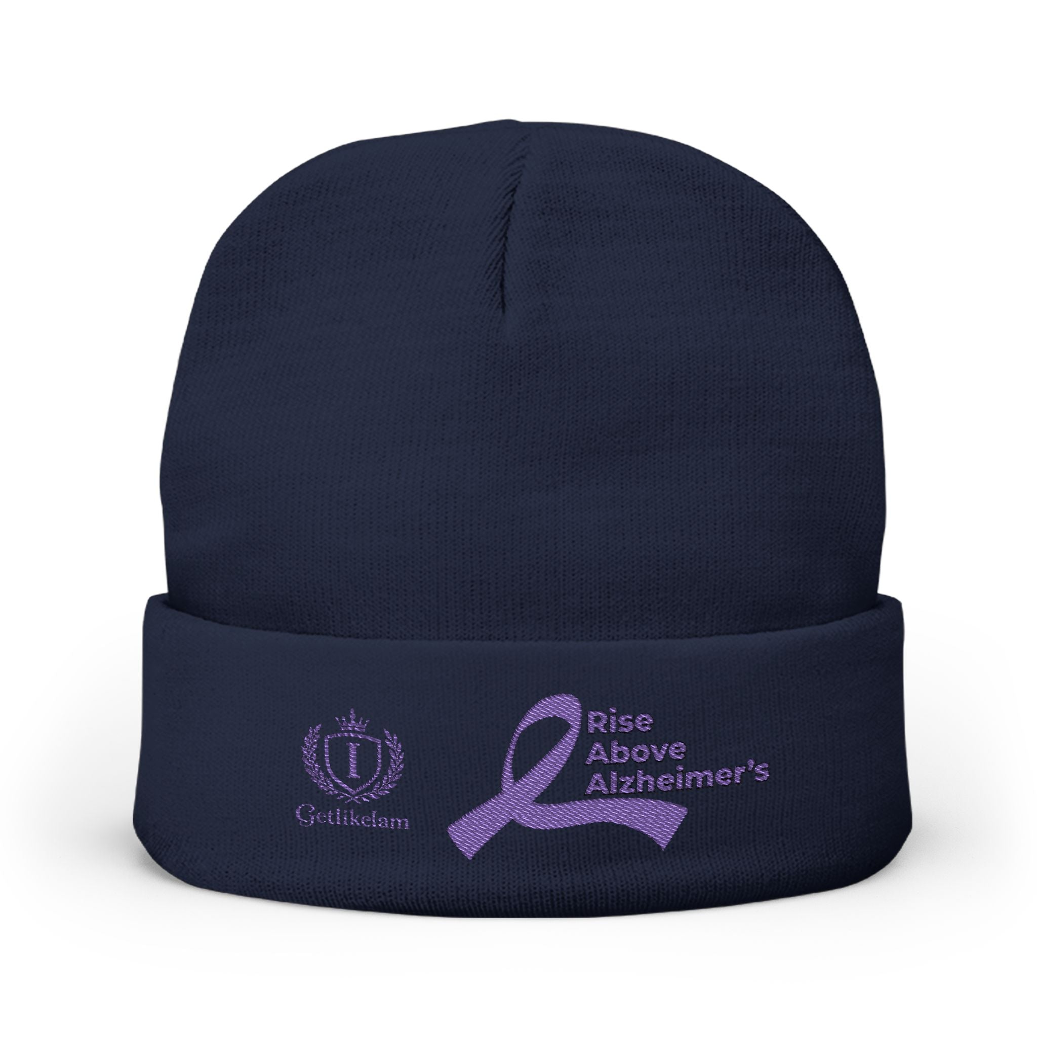 Alzheimer's Awareness Knit Beanie - Purple Ribbon Embroidered