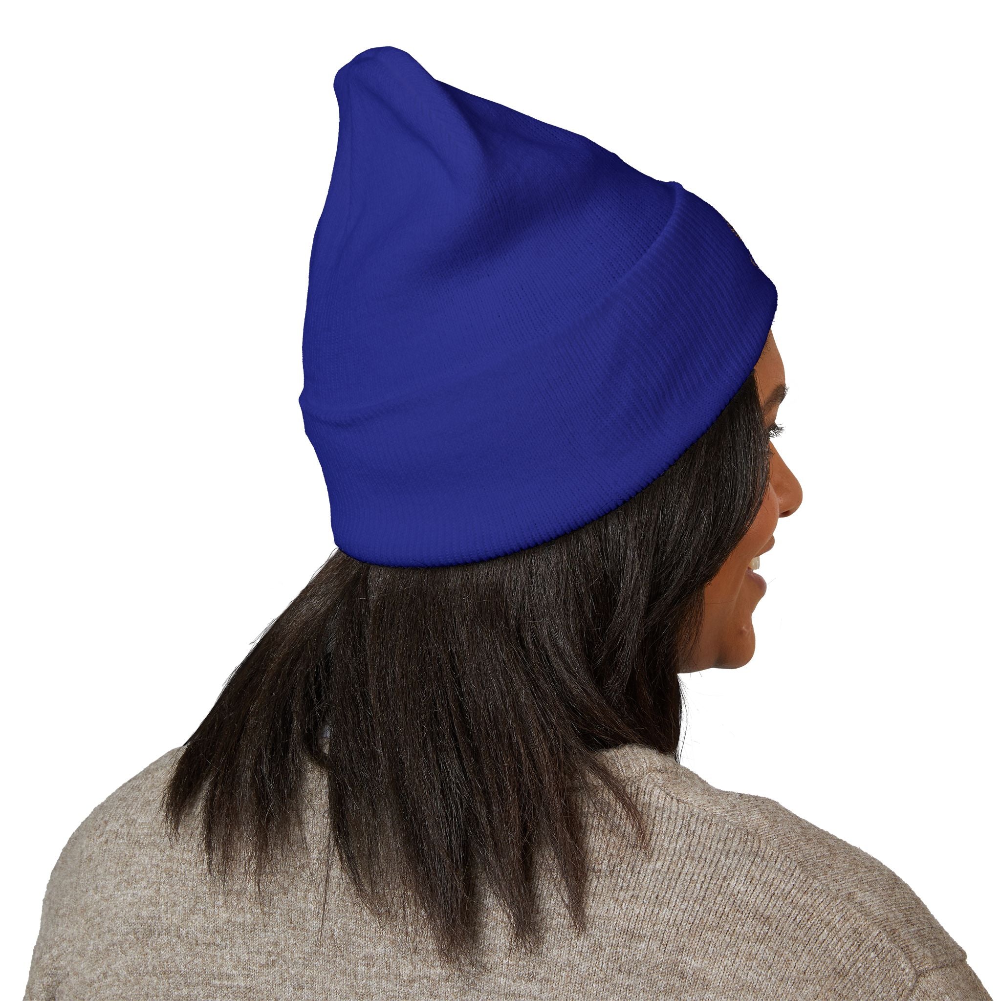 Embroidered Crest Cuffed Beanie — Classic White Knit Hat