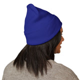 Embroidered Crest Cuffed Beanie — Classic White Knit Hat