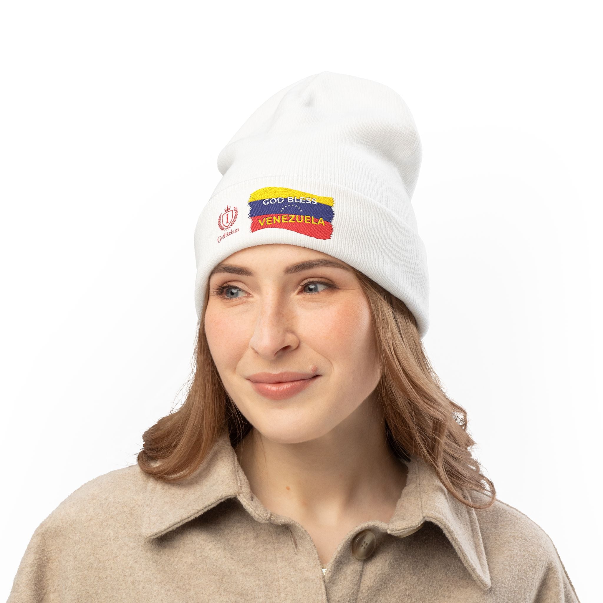 Embroidered "God Bless Venezuela" Knit Beanie — Flag Stripe Winter Hat