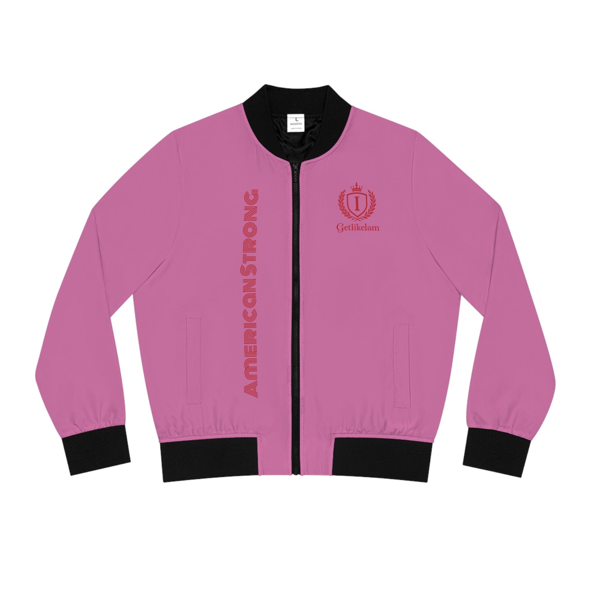 Strong American Women's Bomber Jacket - Patriotic Pink AOP