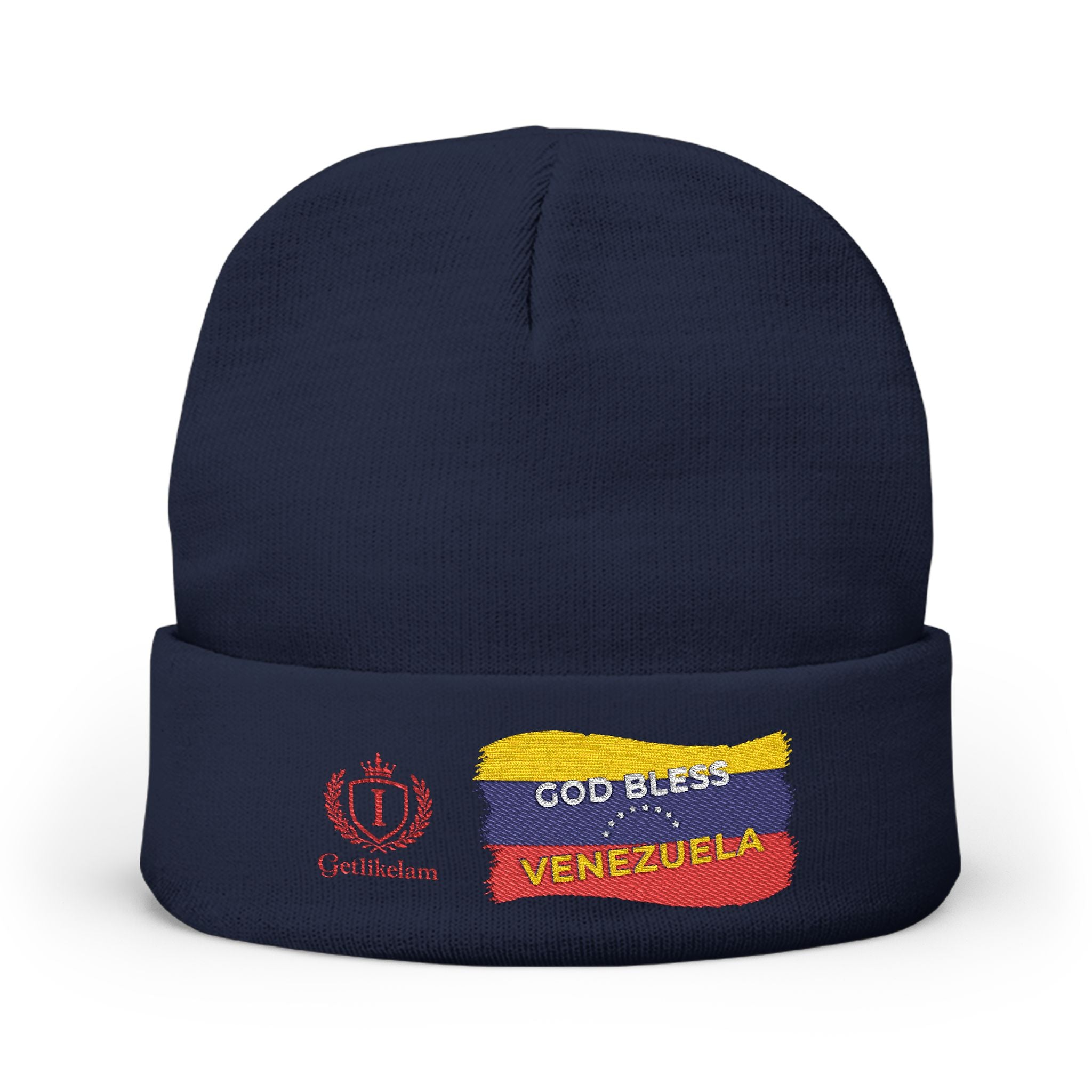 Embroidered "God Bless Venezuela" Knit Beanie — Flag Stripe Winter Hat