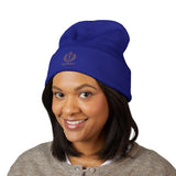 Embroidered Crest Cuffed Beanie — Classic White Knit Hat