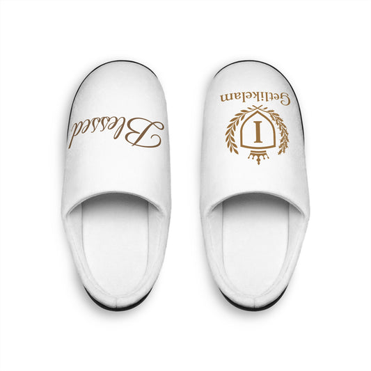 Men's Indoor Slippers — Soft White Home Slides with 'Blessed' Script