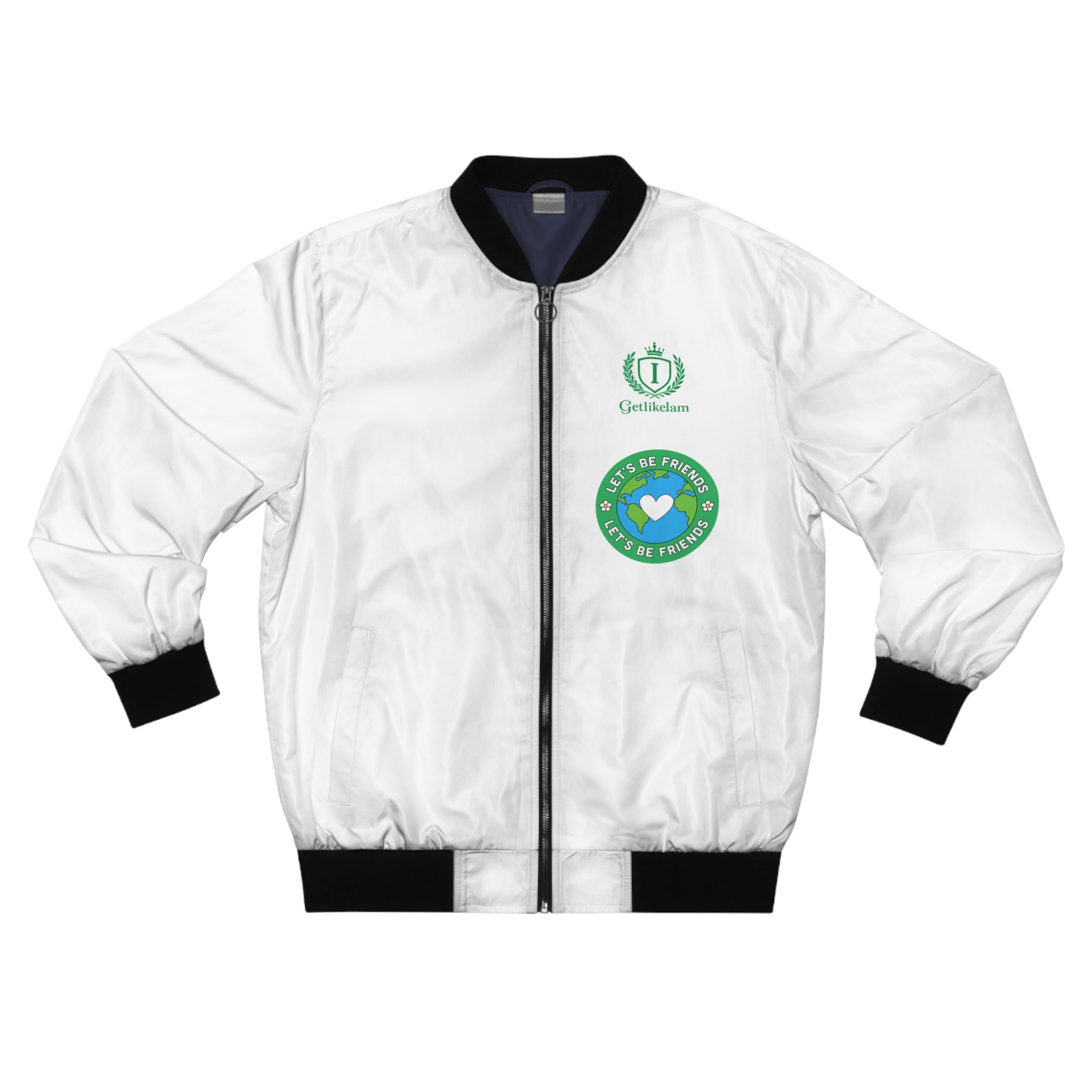 White Bomber Jacket with Green Heart 'Save the Planet' Patch