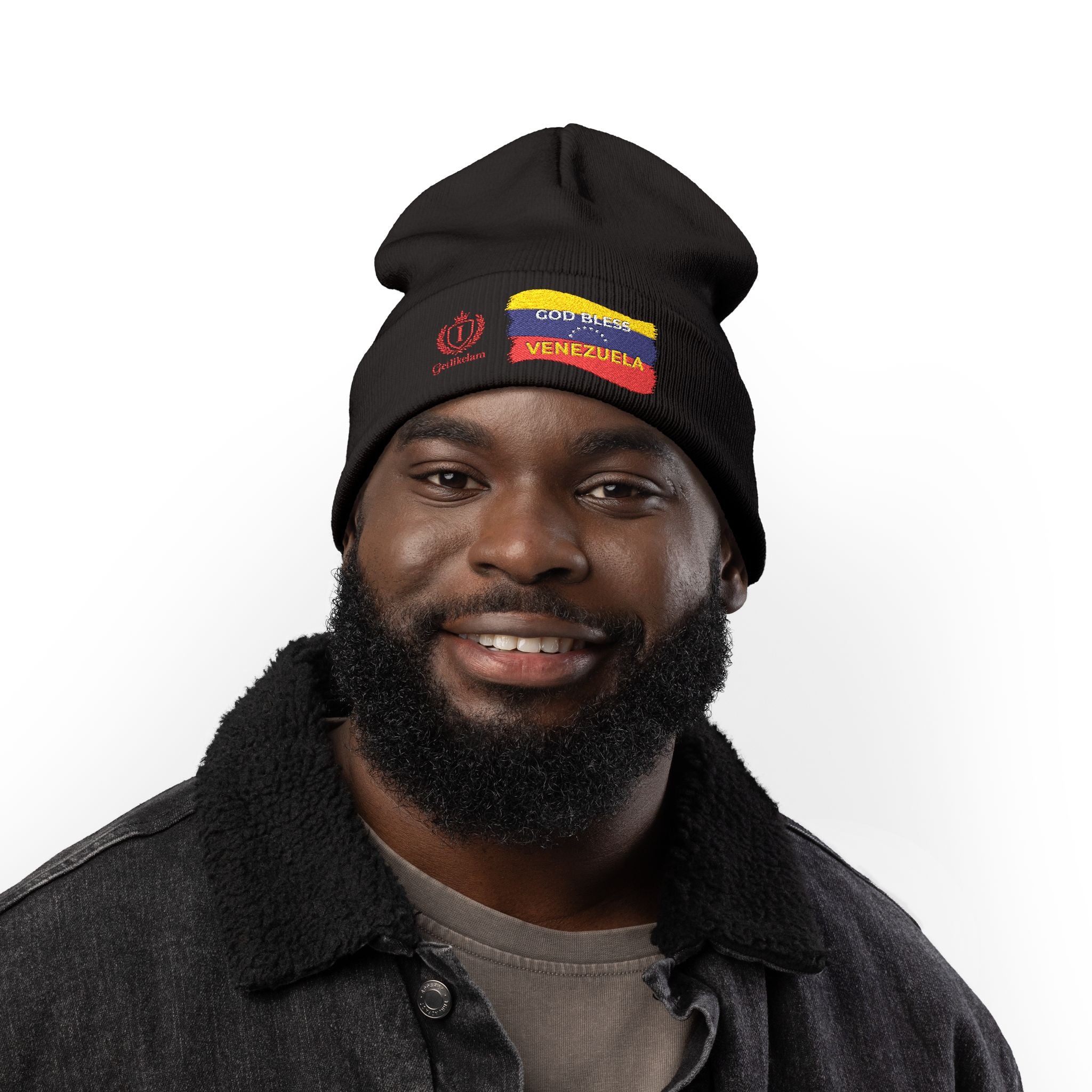 Embroidered "God Bless Venezuela" Knit Beanie — Flag Stripe Winter Hat