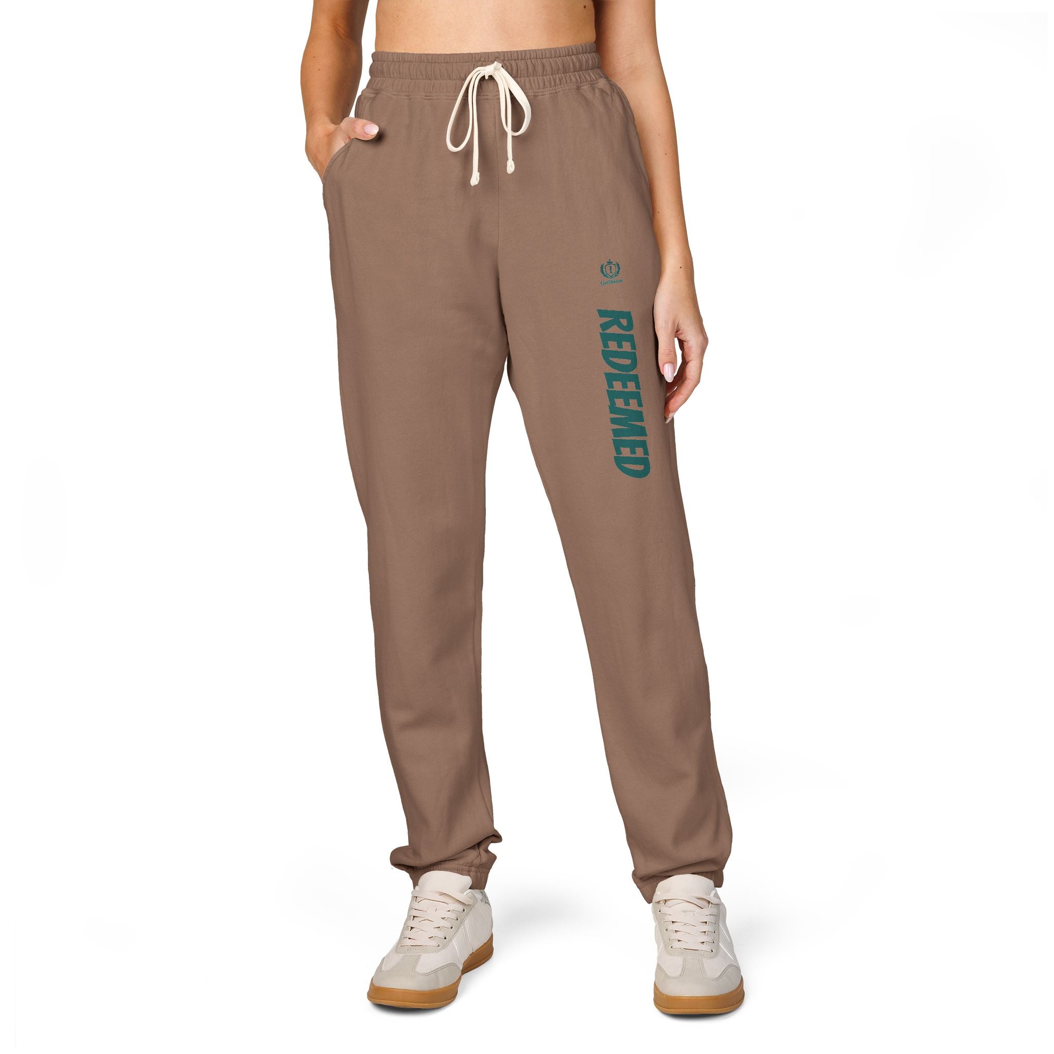 Cream 'Roosevelt' Vertical Logo Sweatpants — Cozy Garment-Dyed Fleece