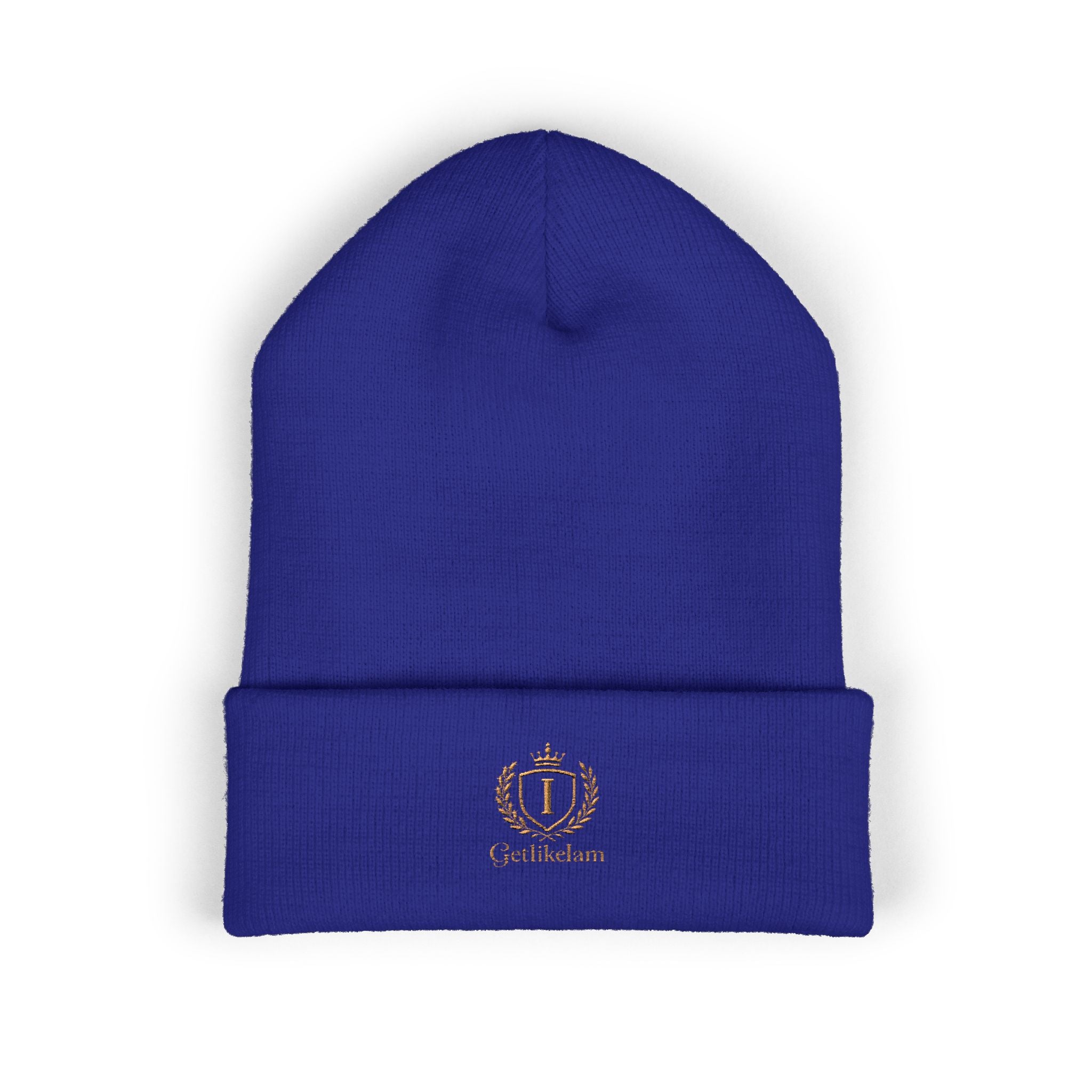 Embroidered Crest Cuffed Beanie — Classic White Knit Hat