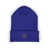 Embroidered Crest Cuffed Beanie — Classic White Knit Hat