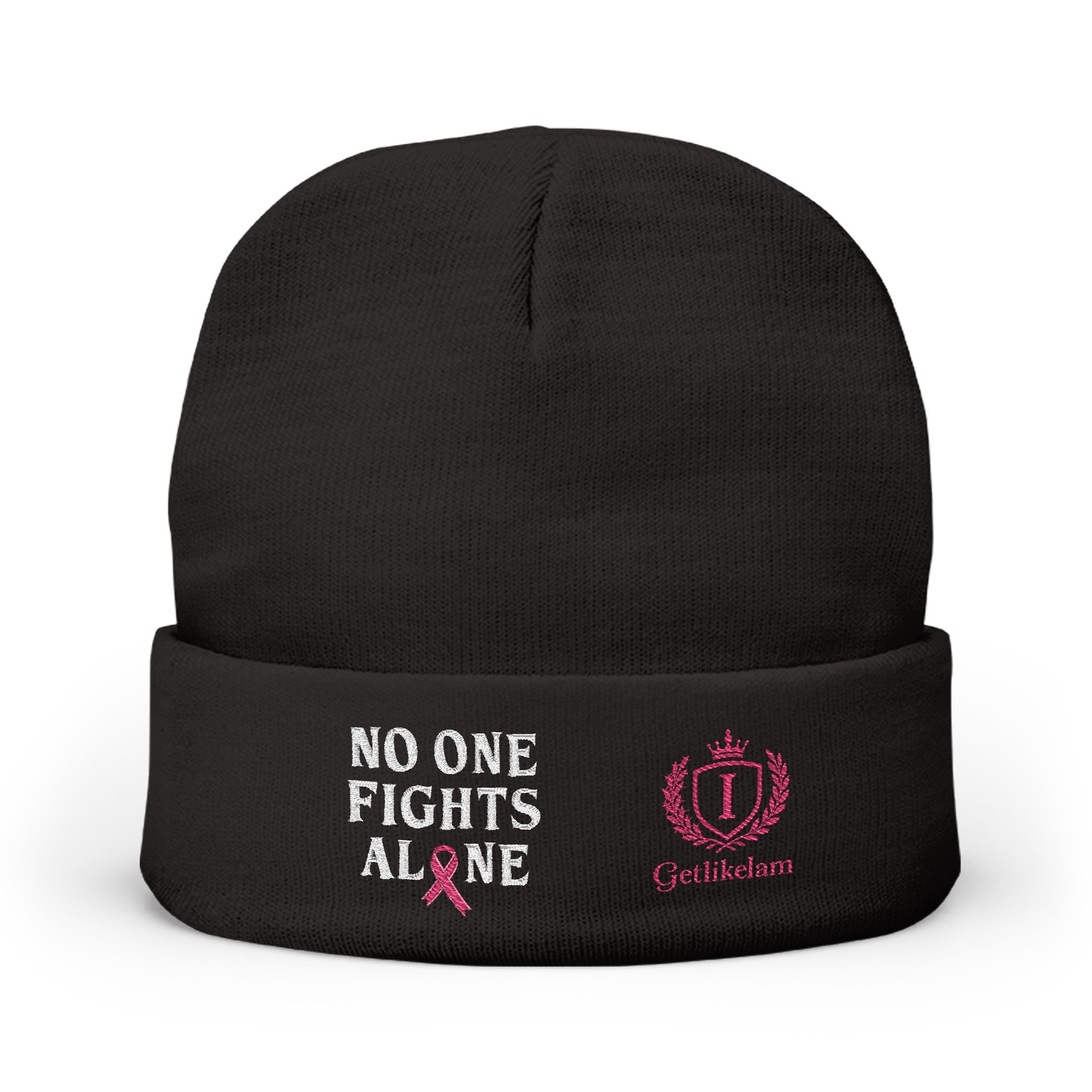 Beanie — "No One Fights Alone" Embroidered Cancer Awareness Knit Cap