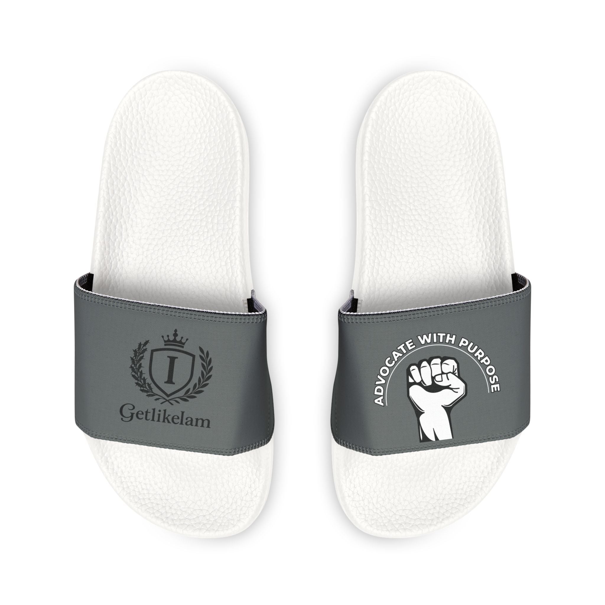 Slide Sandals — White Removable-Strap Slides with Raised Fist Graphic