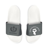 Slide Sandals — White Removable-Strap Slides with Raised Fist Graphic