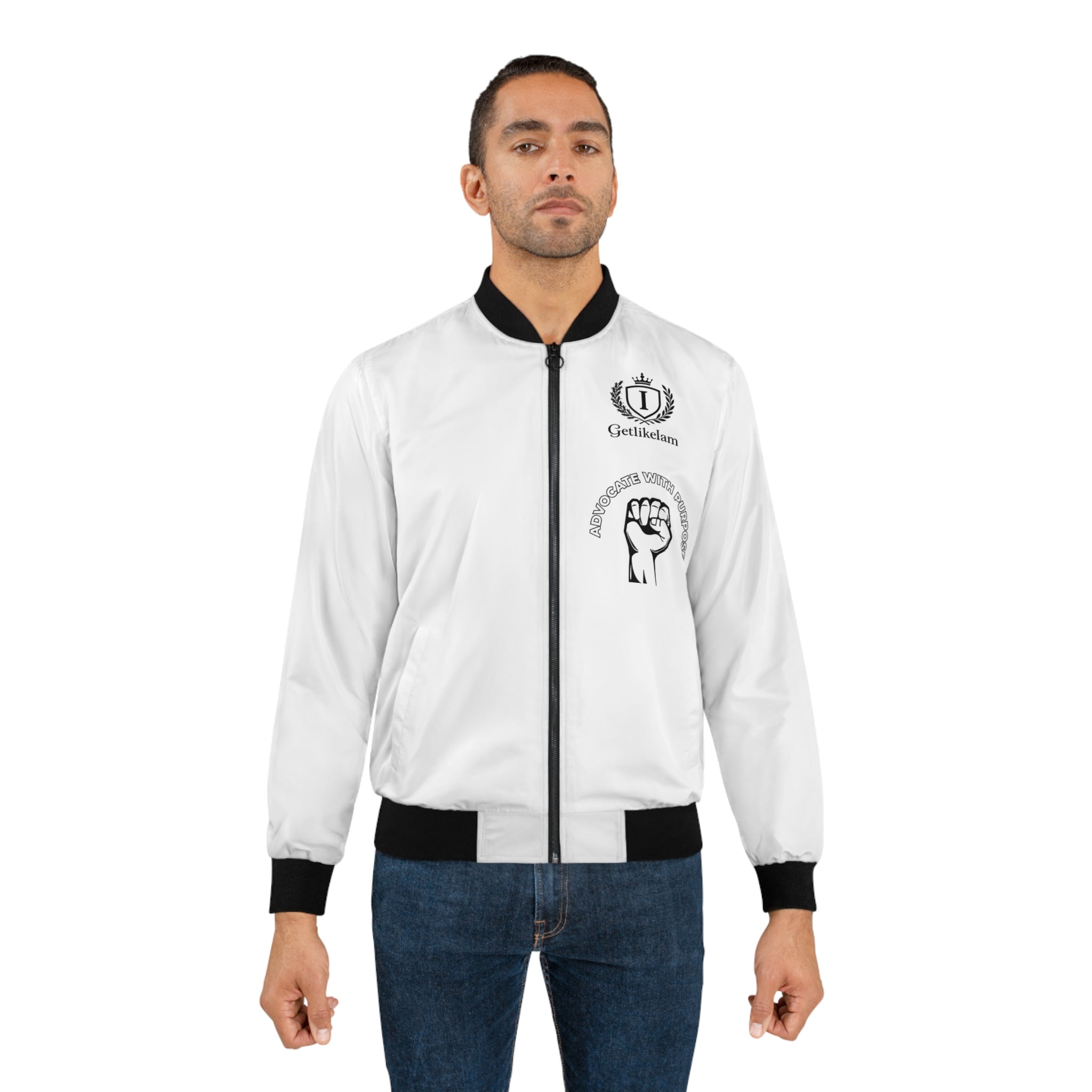 White Bomber Jacket with Raised Fist Graphic — Solidarity Streetwear