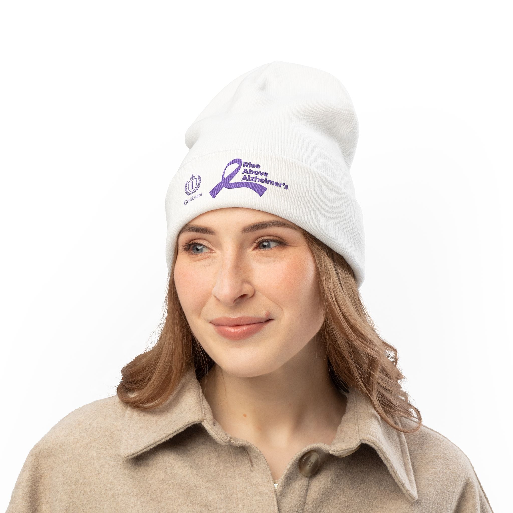 Alzheimer's Awareness Knit Beanie - Purple Ribbon Embroidered