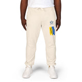 Emblem Brushstroke Sweatpants — Cozy Fleece Joggers with Yellow & Blue Accent