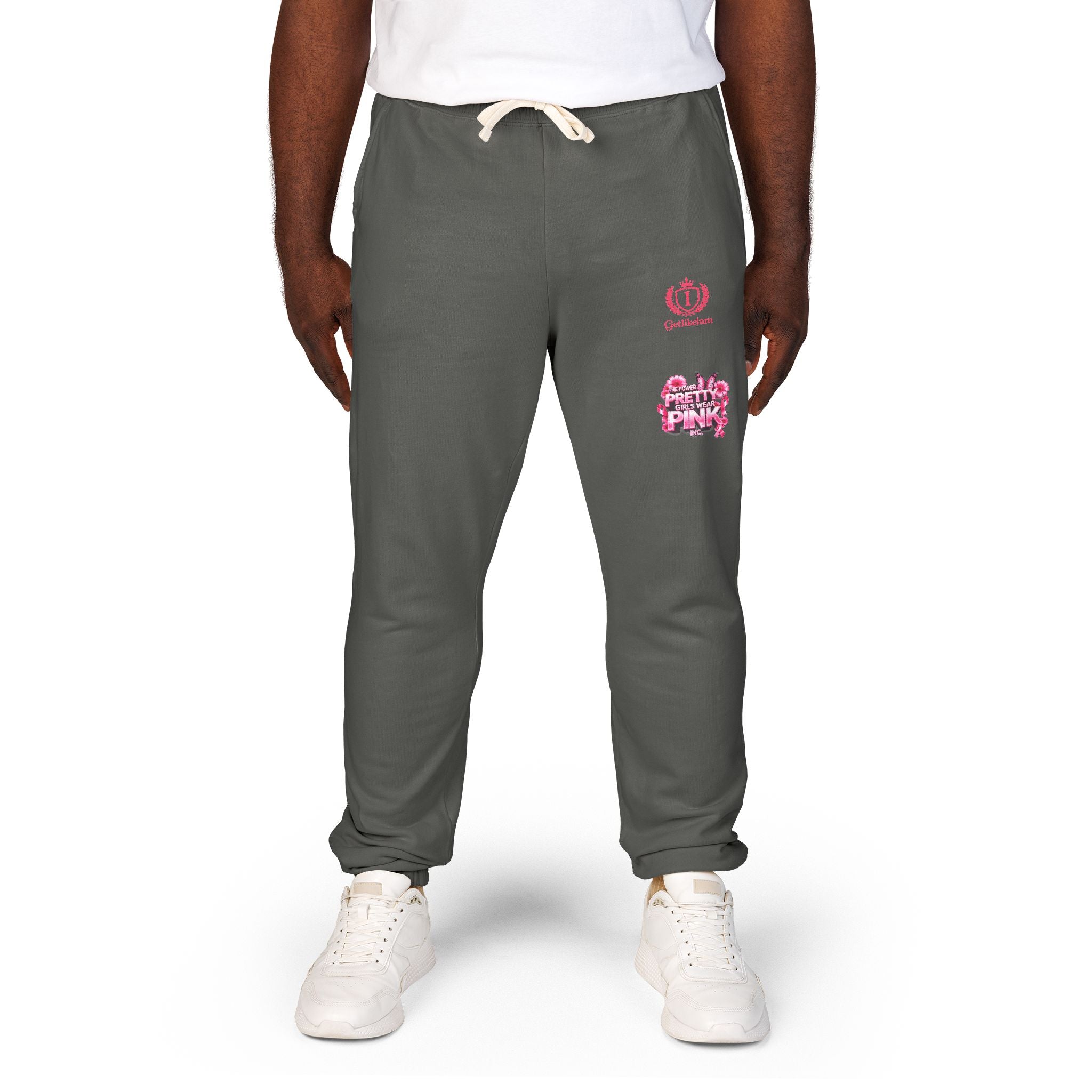 Embroidered Pink Floral Logo Sweatpants — Garment-Dyed Fleece Joggers