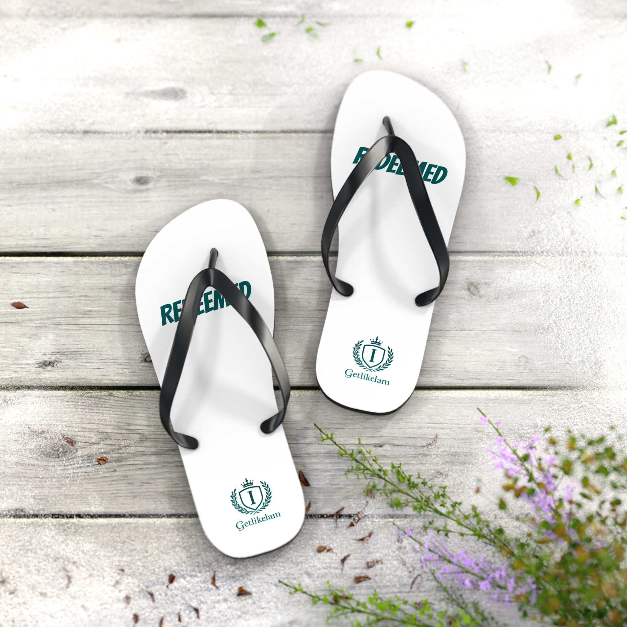 Redeemed Flip Flops — Christian Faith Beach Sandals with Crest Logo