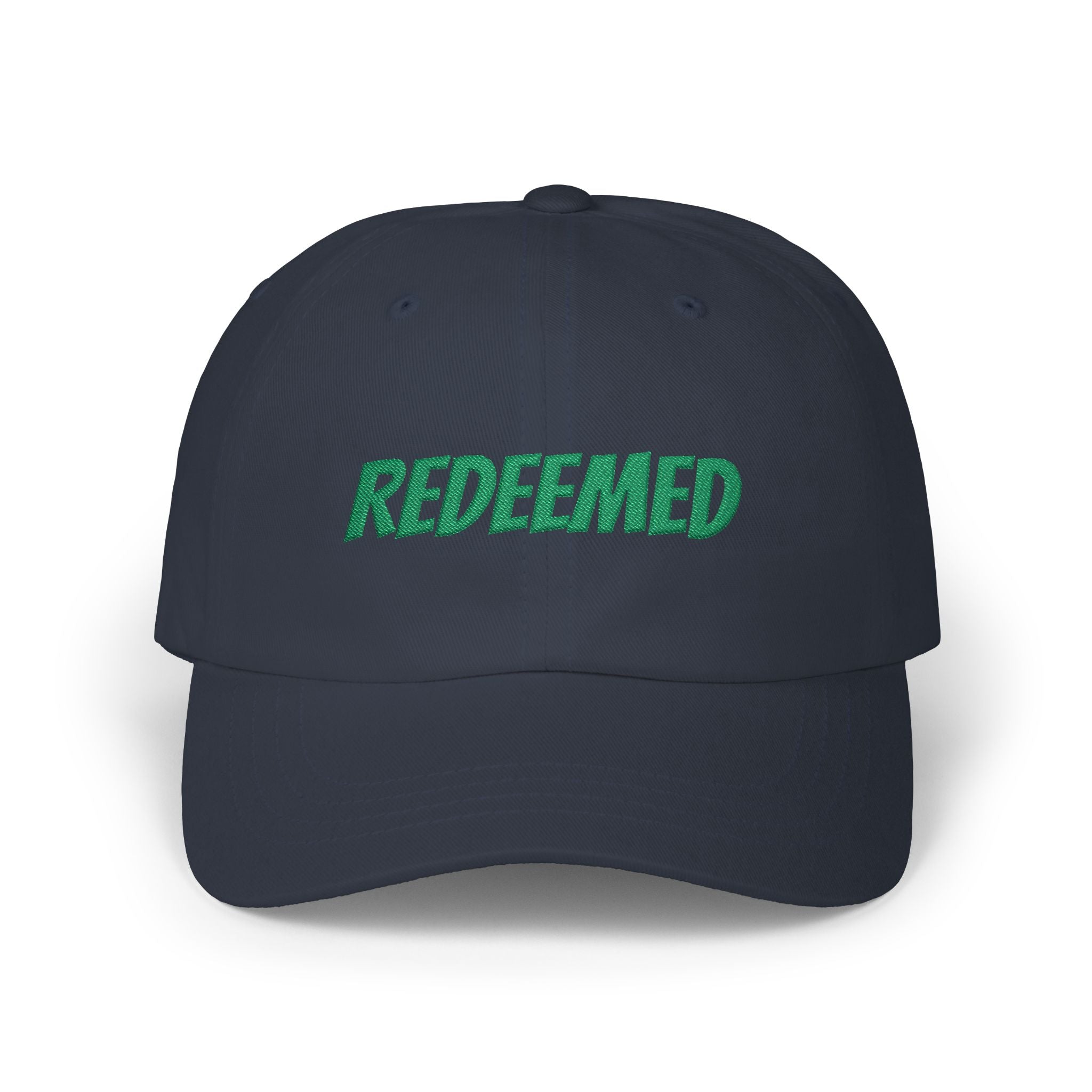 Redeemed Embroidered Dad Cap — White Baseball Hat with Green Script