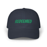 Redeemed Embroidered Dad Cap — White Baseball Hat with Green Script