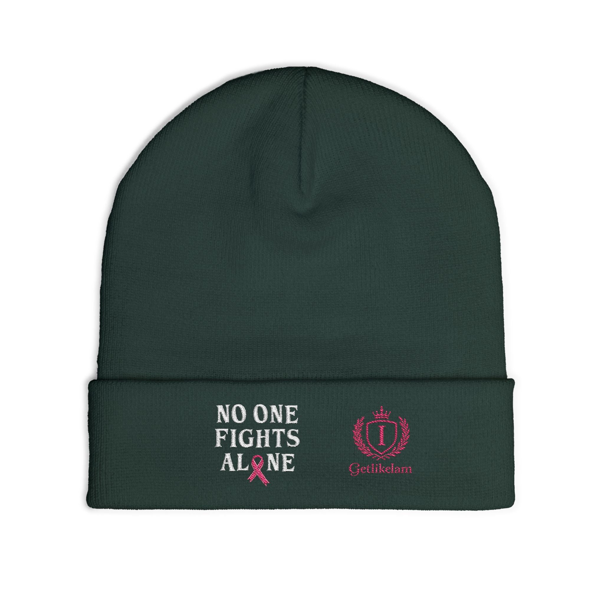 Beanie — "No One Fights Alone" Embroidered Cancer Awareness Knit Cap
