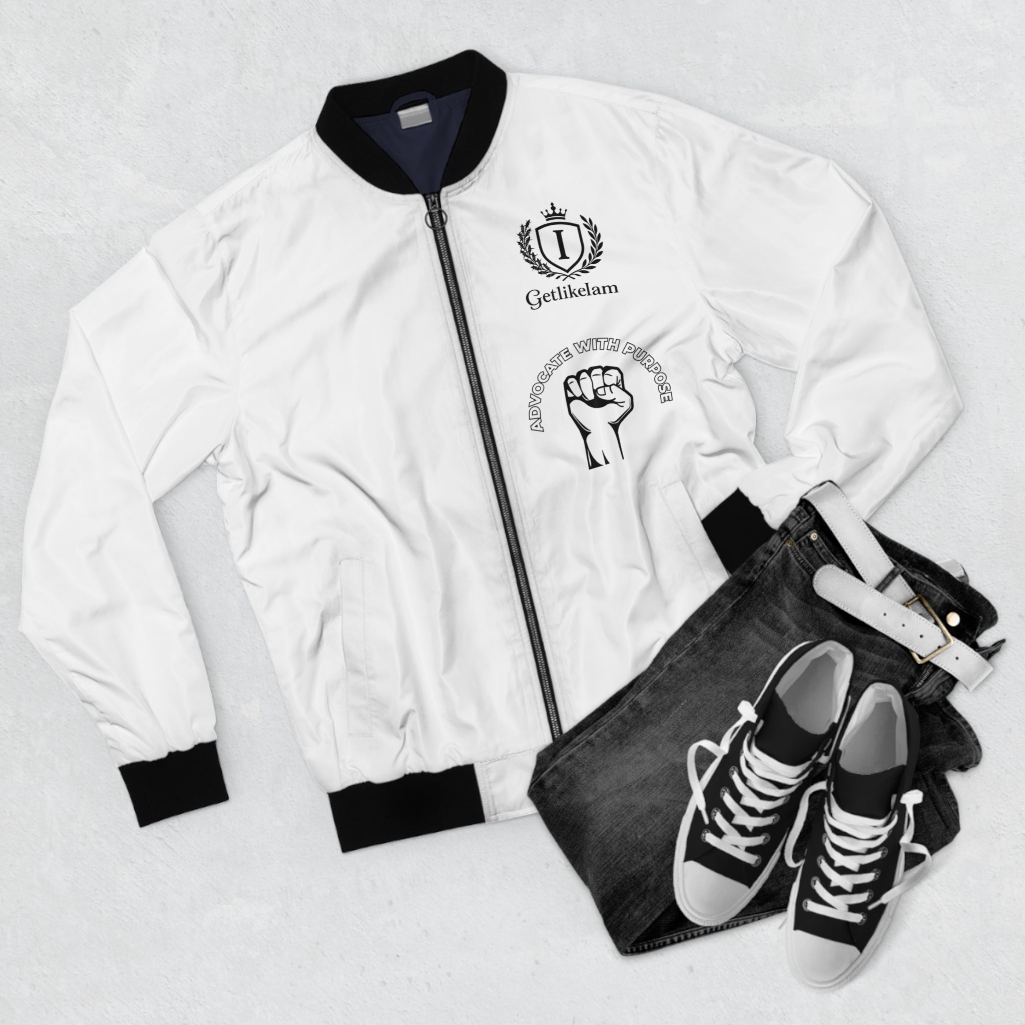 White Bomber Jacket with Raised Fist Graphic — Solidarity Streetwear